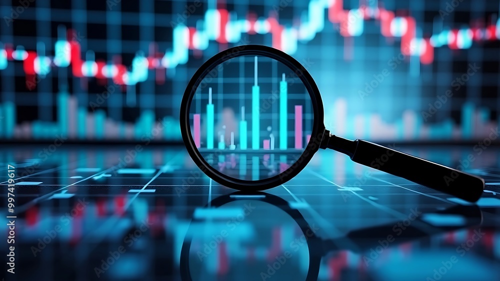 Financial analysis concept with magnifying glass and digital stock market data Financial analysis concept with magnifying glass and digital stock market data
