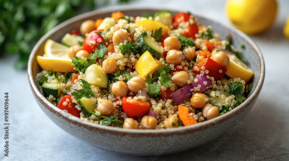 A colorful quinoa salad with roasted vegetables, chickpeas, and a lemon dressing, served in a large bowl. A colorful quinoa salad with roasted vegetables, chickpeas, and a lemon dressing, served in a large bowl.