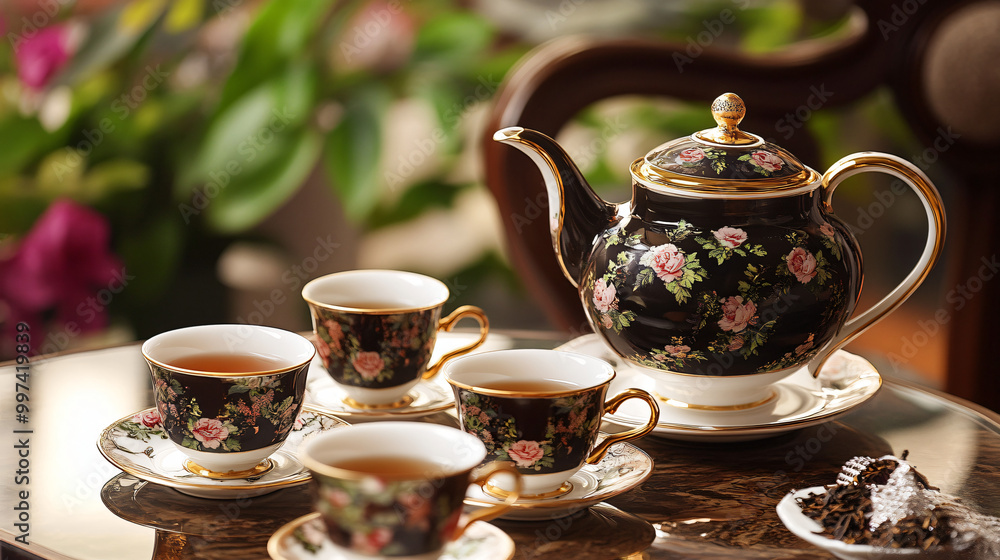 An elegant tea presentation with a beautiful tea pot, matching teacups, and a selection of fine teas. An elegant tea presentation with a beautiful tea pot, matching teacups, and a selection of fine teas.