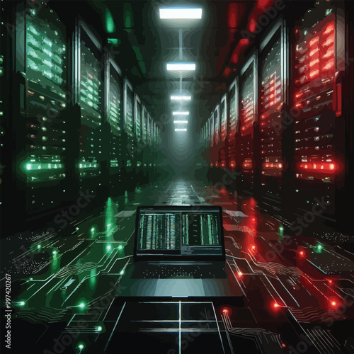 Darkened server room illustration 