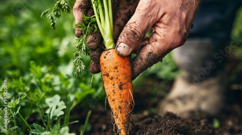 A farmer's hand holding a freshly picked carrot, with dirt still clinging to its roots photo