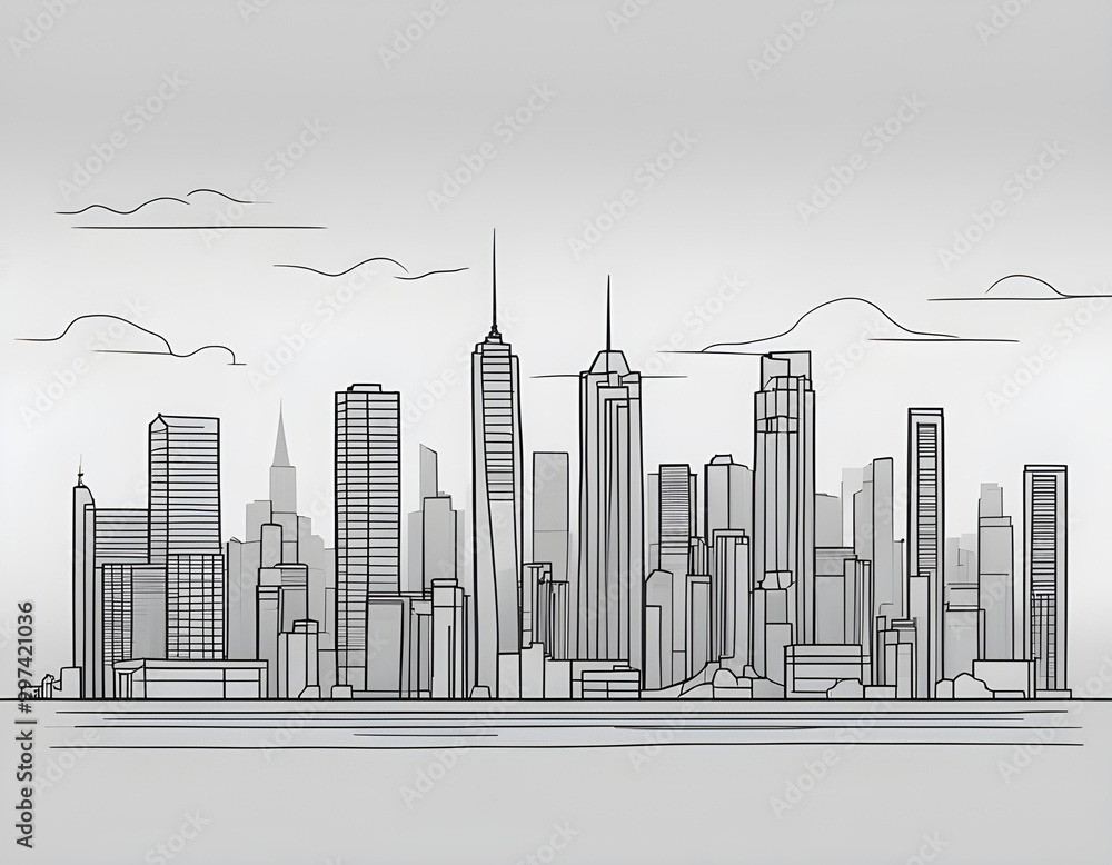 Obraz premium black Modern cityscape continuous one line vector drawing background