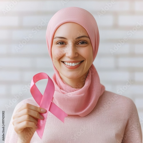 Smiling woman with pink ribbon, advocating for breast cancer awareness, isolated background. photo