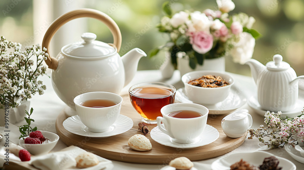 An elegant tea arrangement with fine china teacups, a delicate teapot, and a selection of premium teas. An elegant tea arrangement with fine china teacups, a delicate teapot, and a selection of premium teas.