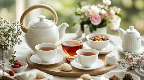 An elegant tea arrangement with fine china teacups, a delicate teapot, and a selection of premium teas.