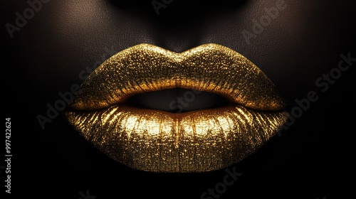 Close-up of glamorous, shimmering gold lips against a dark background.