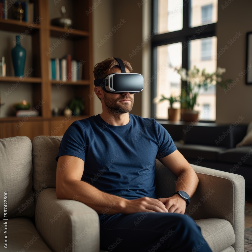 Obraz premium Man in VR headset sitting on a couch indoors