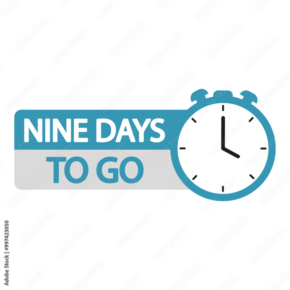 Countdown timer illustration. Number nine focus. Nine days to go text. Blue clock and countdown label. Countdown timer illustration. Number nine focus. Nine days to go text. Blue clock and countdown label.