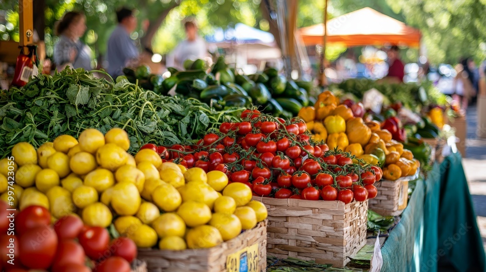 A farmer's market stall brimming with a variety of colorful fresh produce A farmer's market stall brimming with a variety of colorful fresh produce