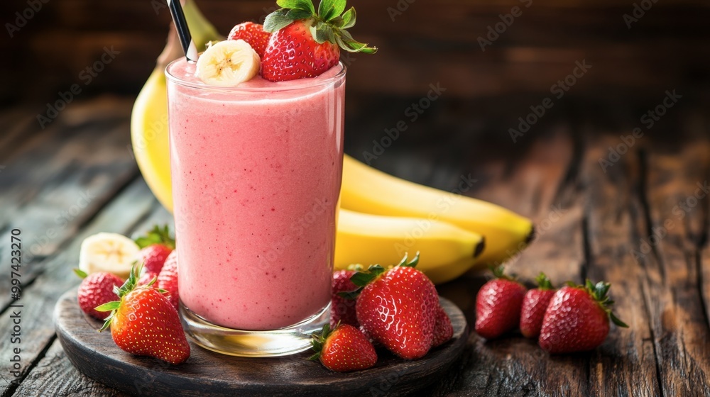 A glass of strawberry-banana smoothie with fresh fruit garnish, placed on a rustic table for a healthy breakfast. A glass of strawberry-banana smoothie with fresh fruit garnish, placed on a rustic table for a healthy breakfast.