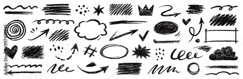 Doodle line chalk brush element set on blackboard. Chalkboard texture brush stroke square, spiral, arrow element scribble line hand drawn sketch design. Crayon pencil style. Vector illustration.