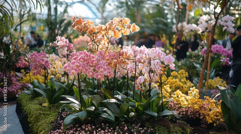 Obraz premium A group of orchids in bloom at a flower festival, attracting attention from visitors.
