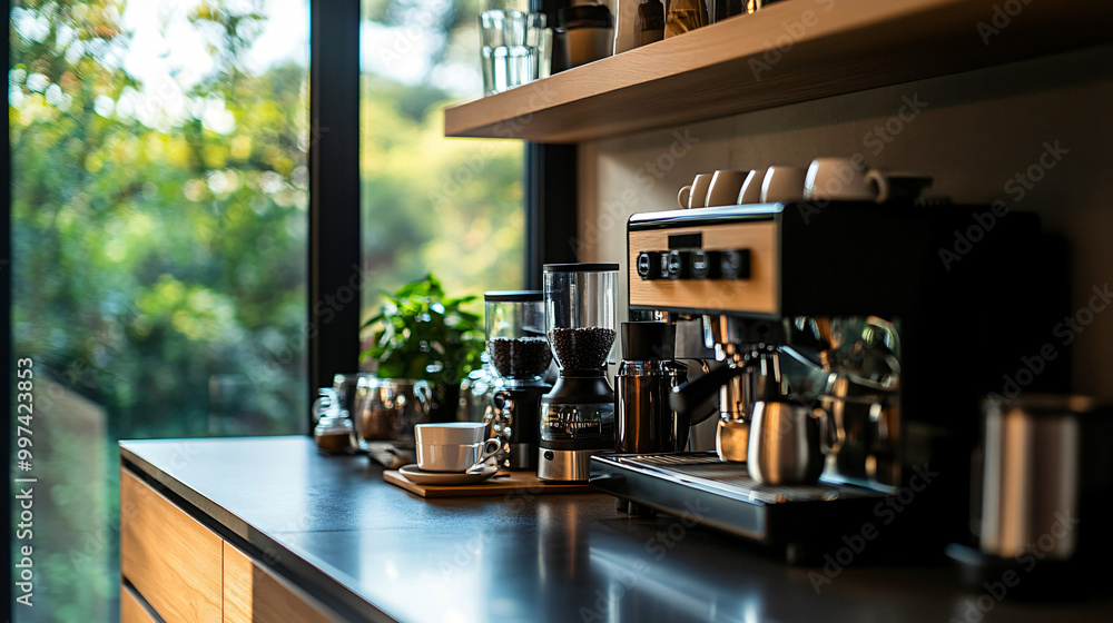 An elegant coffee setup with a stylish coffee maker, an assortment of coffee cups, and a clean countertop. An elegant coffee setup with a stylish coffee maker, an assortment of coffee cups, and a clean countertop.