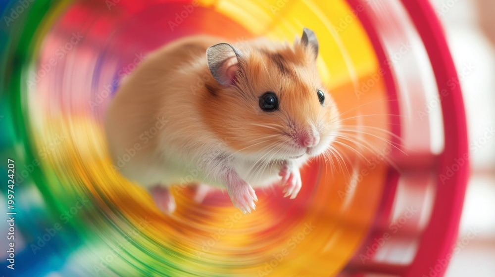 A hamster running on a colorful spinning wheel, full of energy and excitement. A hamster running on a colorful spinning wheel, full of energy and excitement.