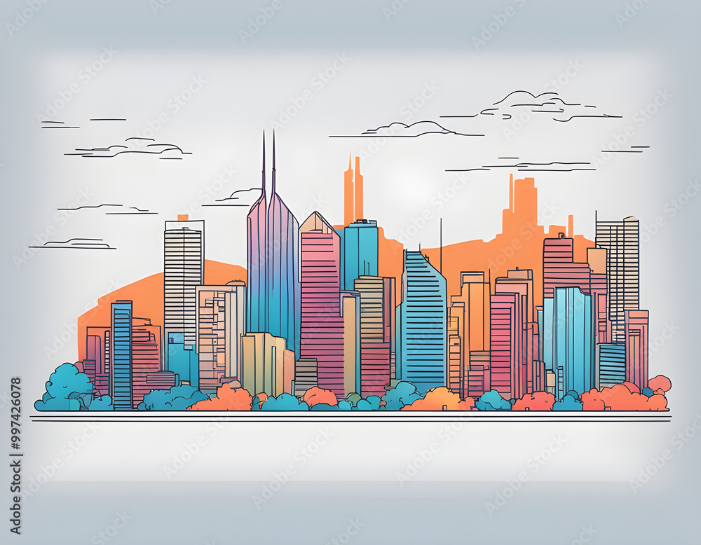 Fototapeta premium Colorful Modern cityscape continuous one line vector drawing background