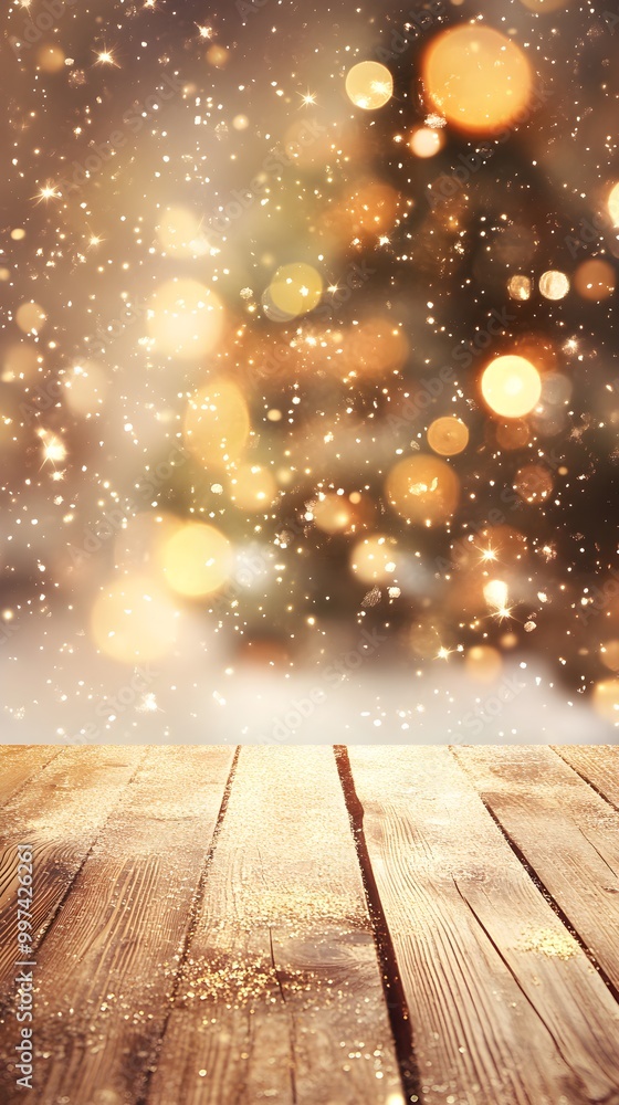 Shiny luxury bokeh christmas festival background, blur glitter snow winter backdrop with empty wooden table top for product display, golden festive new year holiday card with copy space Shiny luxury bokeh christmas festival background, blur glitter snow winter backdrop with empty wooden table top for product display, golden festive new year holiday card with copy space