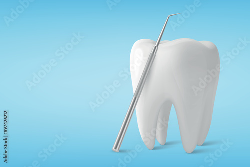 Vector 3d Realistic Tooth and Dental Probe for Teeth Closeup Isolated on Blue Background. Medical Dentist Tool. Design Template, Clipart, Mockup. Dentistry, Healthcare, Hygiene Concept