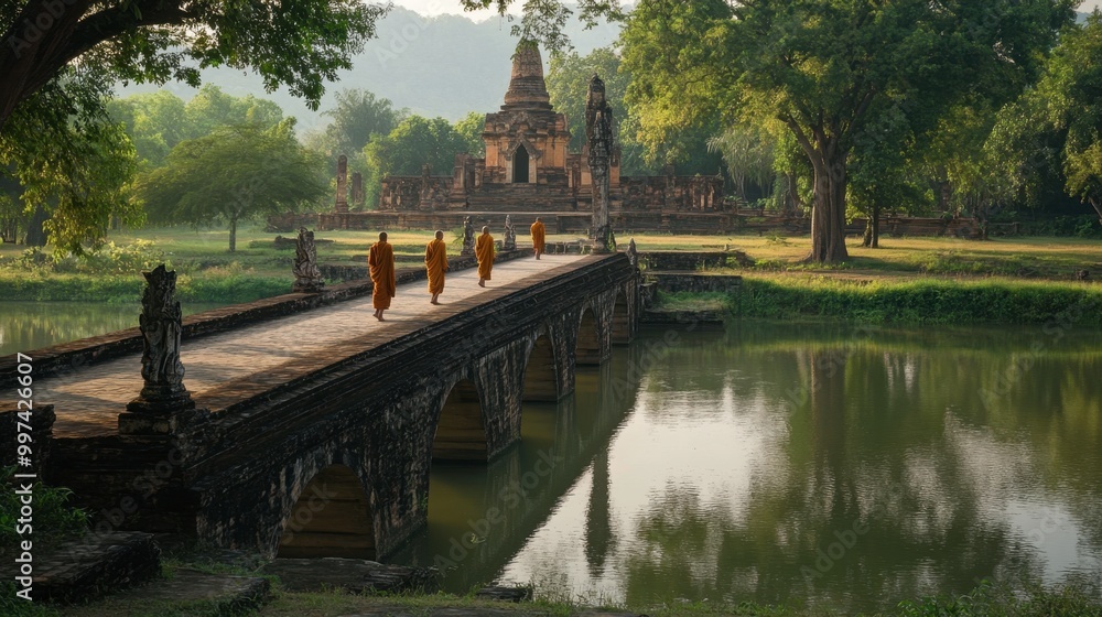 A peaceful scene of monks walking along a bridge at Wat Mahathat in the historical park of Sukhothai. A peaceful scene of monks walking along a bridge at Wat Mahathat in the historical park of Sukhothai.