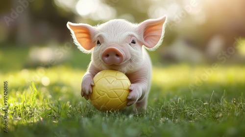 A piglet playfully nudging a toy ball, enjoying its playtime in a green pasture.