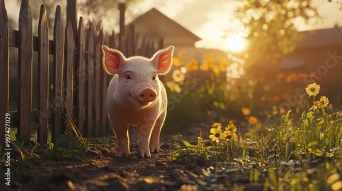 A piglet standing near a picket fence, with the sun setting behind it, casting a warm glow. photo