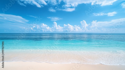 Fototapeta Naklejka Na Ścianę i Meble -  A tranquil tropical beach awaits, featuring crystal-clear turquoise waters gently lapping the soft white sands under a bright cloudless sky, inviting relaxation