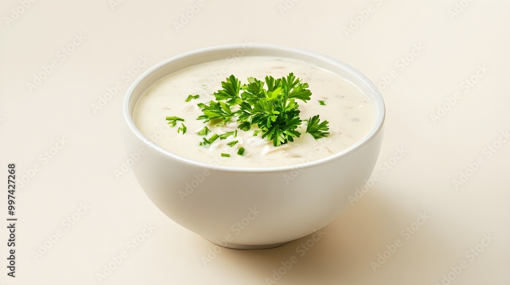 Creamy Clam Chowder with Fresh Herbs in White Bowl Creamy Clam Chowder with Fresh Herbs in White Bowl