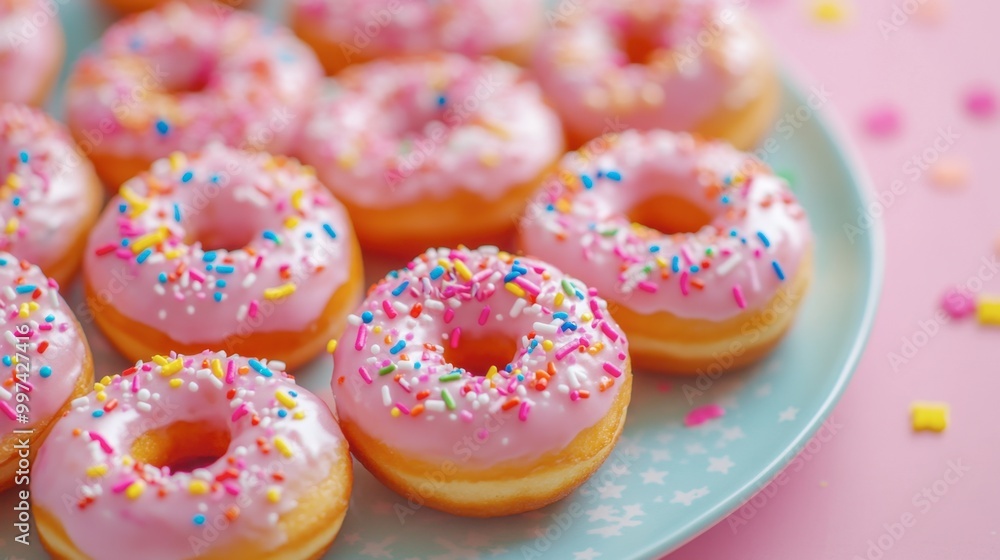 A playful arrangement of mini donuts with bright frosting and sprinkles, served on a colorful plate. A playful arrangement of mini donuts with bright frosting and sprinkles, served on a colorful plate.