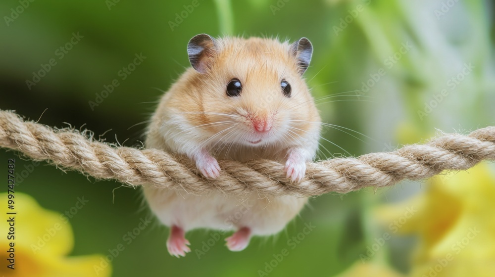 A playful hamster climbing up a small rope, showing off its agility. A playful hamster climbing up a small rope, showing off its agility.