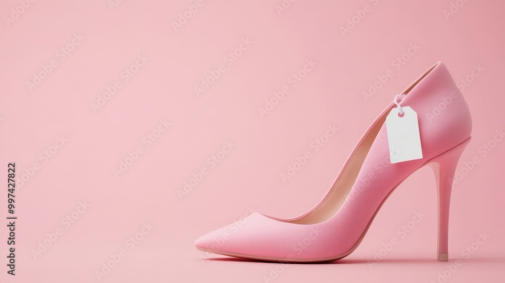A pink high heel shoe with a price tag on a soft pink background. A pink high heel shoe with a price tag on a soft pink background.