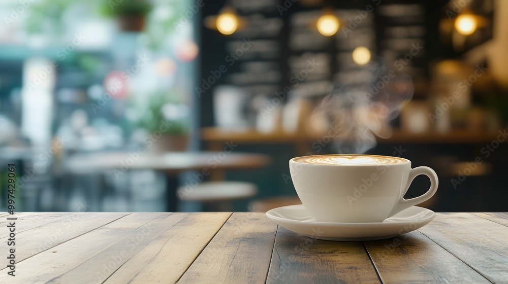 Steaming Coffee Cup on Wooden Table in Cafe Setting Steaming Coffee Cup on Wooden Table in Cafe Setting
