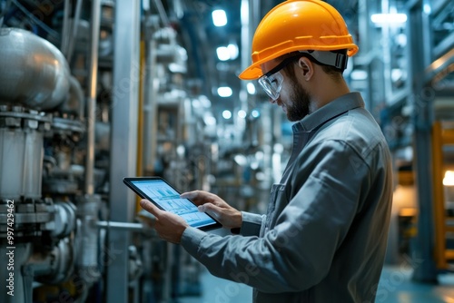 Professional Worker in Safety Gear Using Tablet