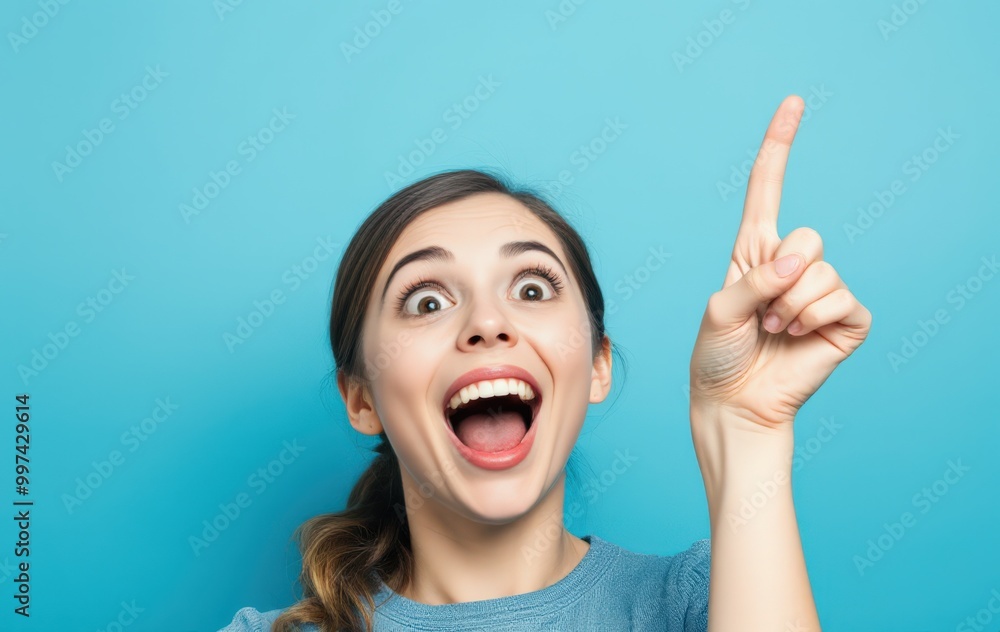 Excited Woman Pointing Upwards with Surprised Expression Excited Woman Pointing Upwards with Surprised Expression