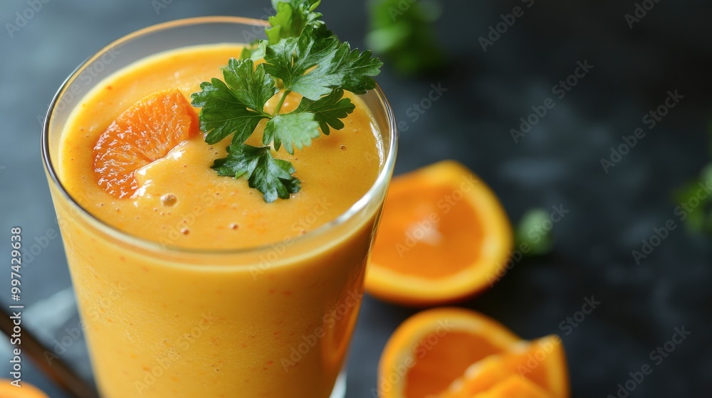 A refreshing orange and carrot smoothie, garnished with a sprig of parsley and served with fresh slices of fruit. A refreshing orange and carrot smoothie, garnished with a sprig of parsley and served with fresh slices of fruit.