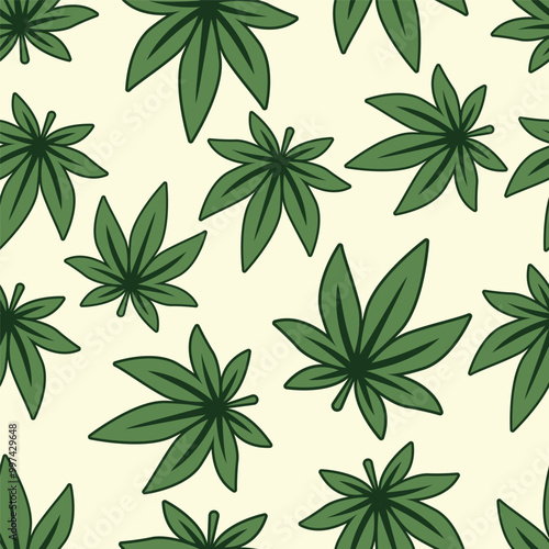 Vector Seamless Pattern with Flat Cannabis Leaves. Hemp, Cannabis Green Leaf on White Background. Seamless Print with Medical Marijuana. Vector Illustration