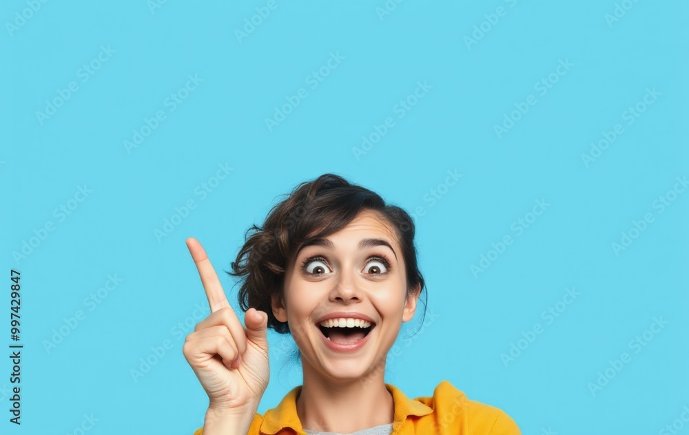 Cheerful Woman Pointing Upward in Surprise Cheerful Woman Pointing Upward in Surprise