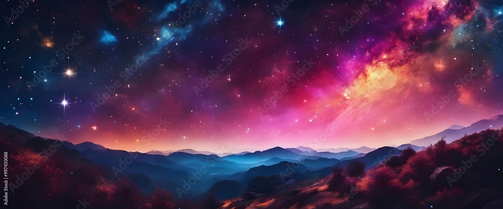 Starry Night Sky with Colorful Nebula over Mountain Range Starry Night Sky with Colorful Nebula over Mountain Range