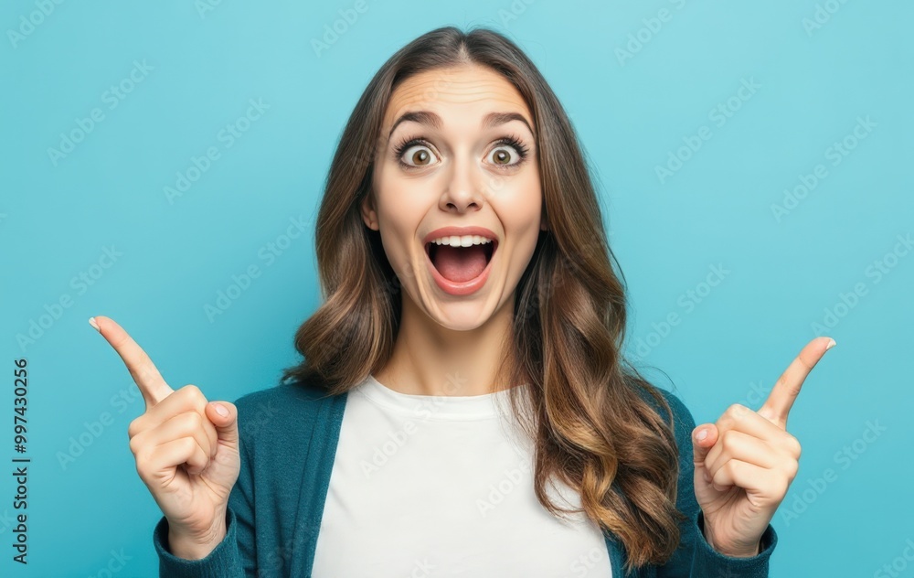 Joyful Woman with Wide Eyes and Pointing Gesture Joyful Woman with Wide Eyes and Pointing Gesture