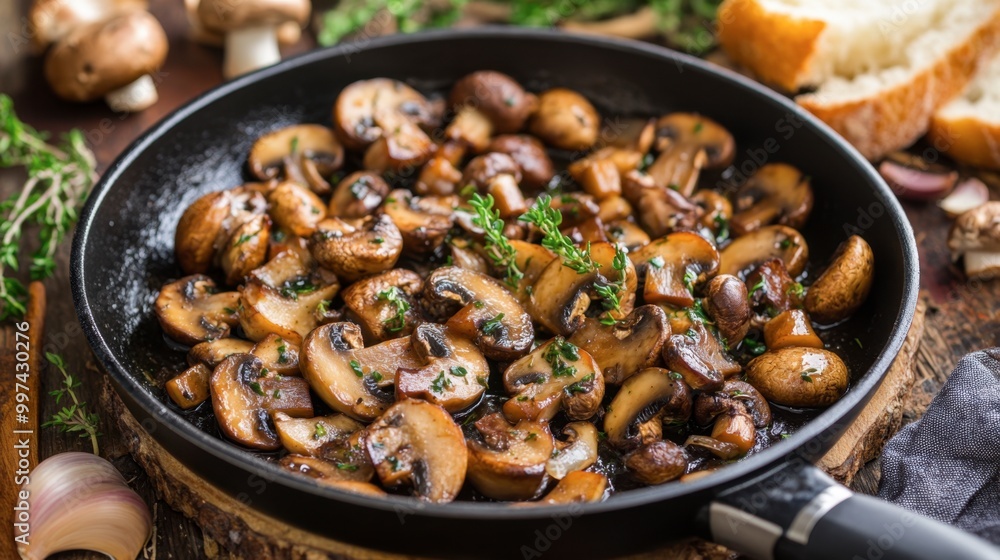 A sauted dish of sweet honey mushrooms, garlic, and herbs sizzling in a skillet, ready to be served with crusty bread. A sauted dish of sweet honey mushrooms, garlic, and herbs sizzling in a skillet, ready to be served with crusty bread.