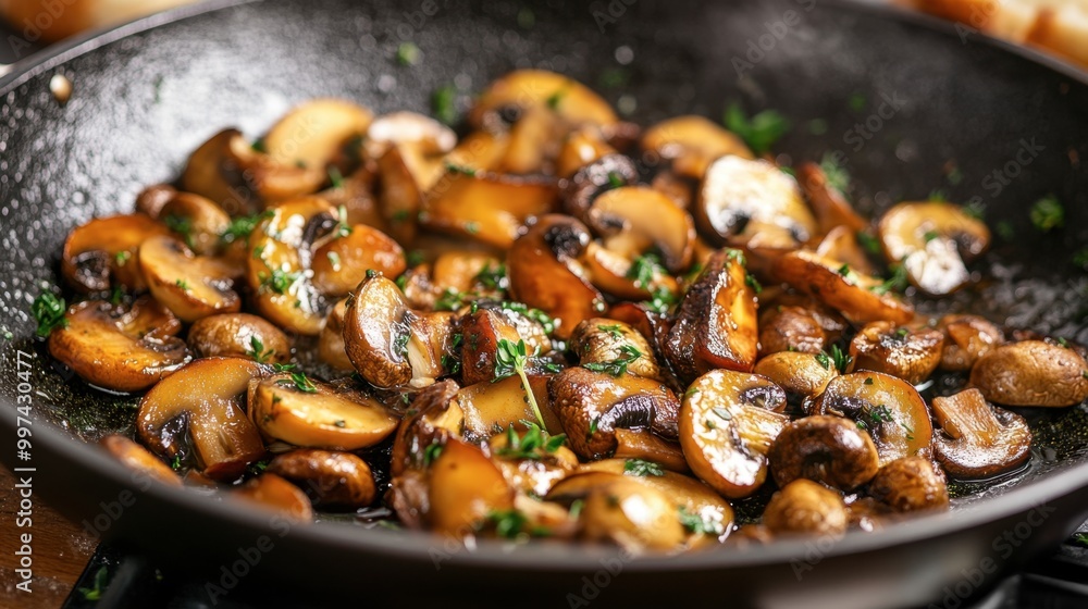 A sauted dish of sweet honey mushrooms, garlic, and herbs sizzling in a skillet, ready to be served with crusty bread. A sauted dish of sweet honey mushrooms, garlic, and herbs sizzling in a skillet, ready to be served with crusty bread.