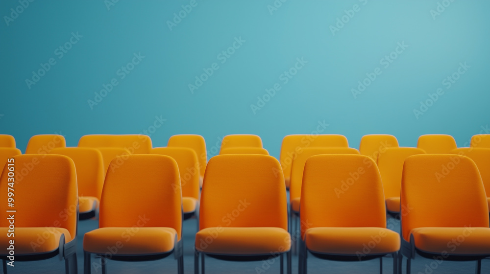 Fototapeta premium Bright orange chairs are arranged in neat row against vibrant blue background, creating striking visual contrast. scene evokes sense of modernity and organization.