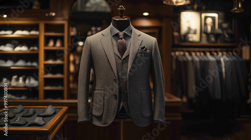 stylish gray suit displayed on mannequin in sophisticated clothing store, surrounded by neatly arranged shoes and tailored garments, exuding elegance and refinement.