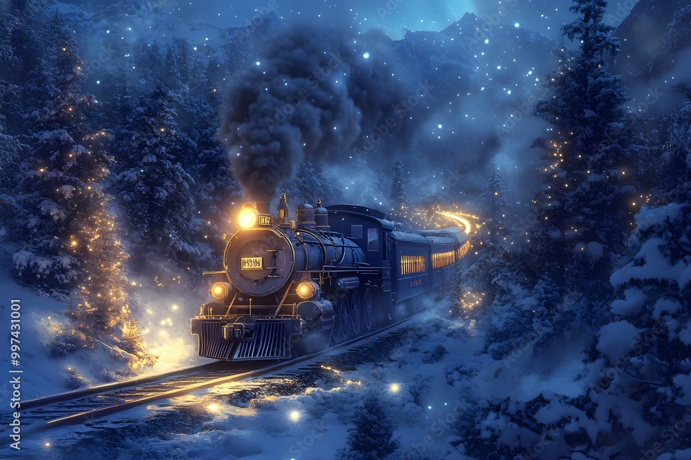 Old steam locomotive driving at night through a dreamlike snowy forest at christmas time Old steam locomotive driving at night through a dreamlike snowy forest at christmas time