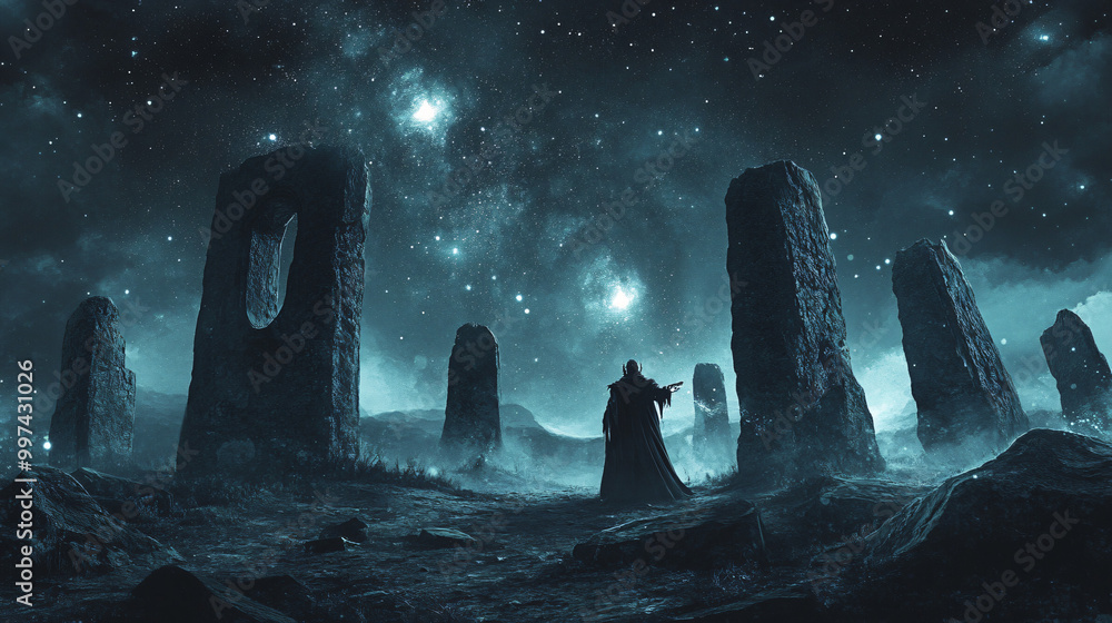 An eerie depiction of a demon performing a dark ritual in the ruins of an ancient stone circle under a starry sky. An eerie depiction of a demon performing a dark ritual in the ruins of an ancient stone circle under a starry sky.