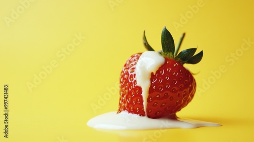 A single strawberry dipped in cream, sitting delicately on a yellow background.