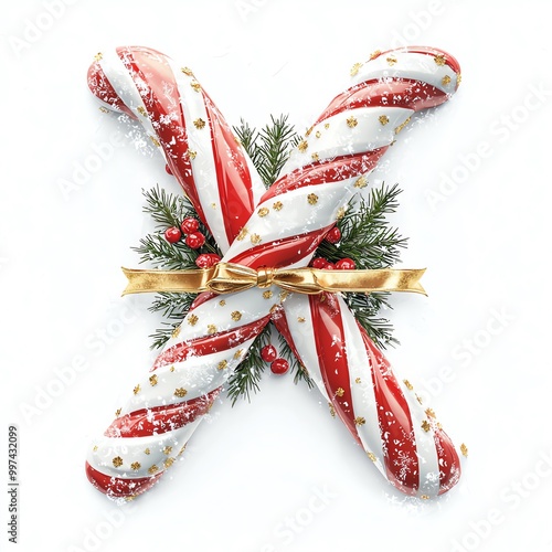 Candy canes with festive decoration, white isolate background photo