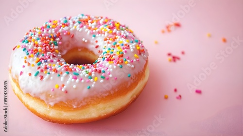 Frosted Doughnut with Colorful Sprinkles Close Up