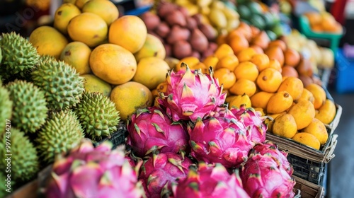 A traditional Thai fruit market stall filled with an array of colorful exotic fruits like dragon fruit, mango, and longan.