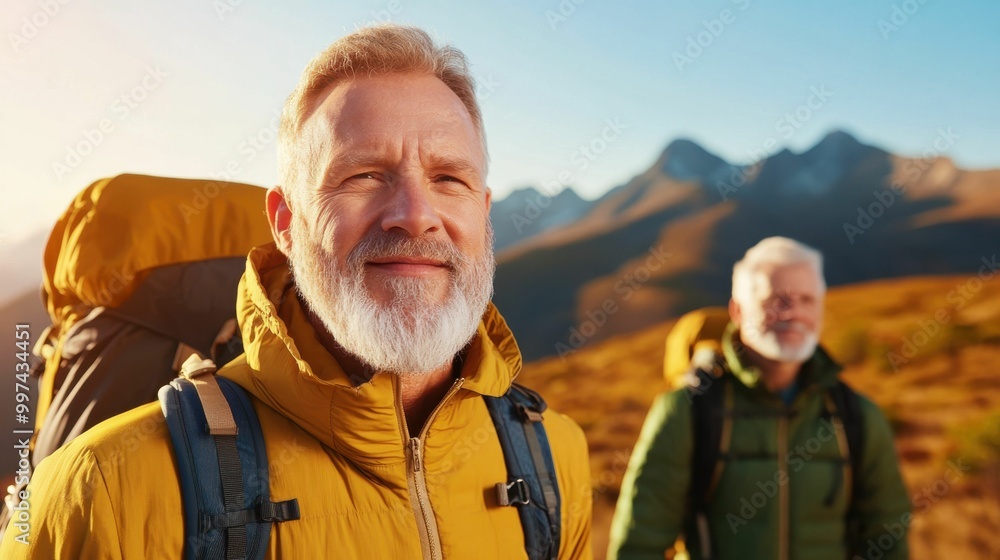 Elderly man with a white beard hiking in the mountains with a yellow jacket and backpack, smiling in the sunshine alongside his friends Elderly man with a white beard hiking in the mountains with a yellow jacket and backpack, smiling in the sunshine alongside his friends