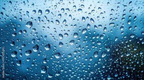 Close-up of water droplets on a window, creating a soothing, blurred background effect.