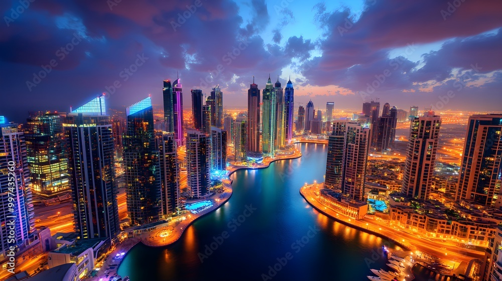Fototapeta premium Stunning View of Dubai's Dramatic Skyline at Dusk